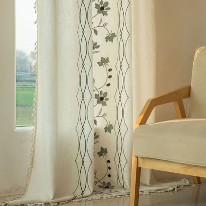 Rustic Vintage Embroidered Floral Linen Curtain with Tassels Custom Length