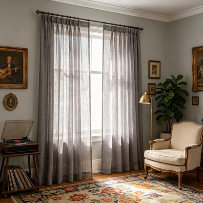 Grey Linen Sheer Curtains for Living Room 2 Panels