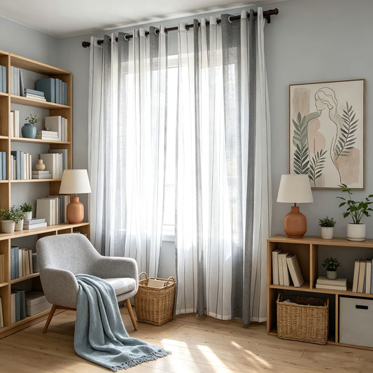 Grey Striped Sheer Curtains for Living Room 2 Panels