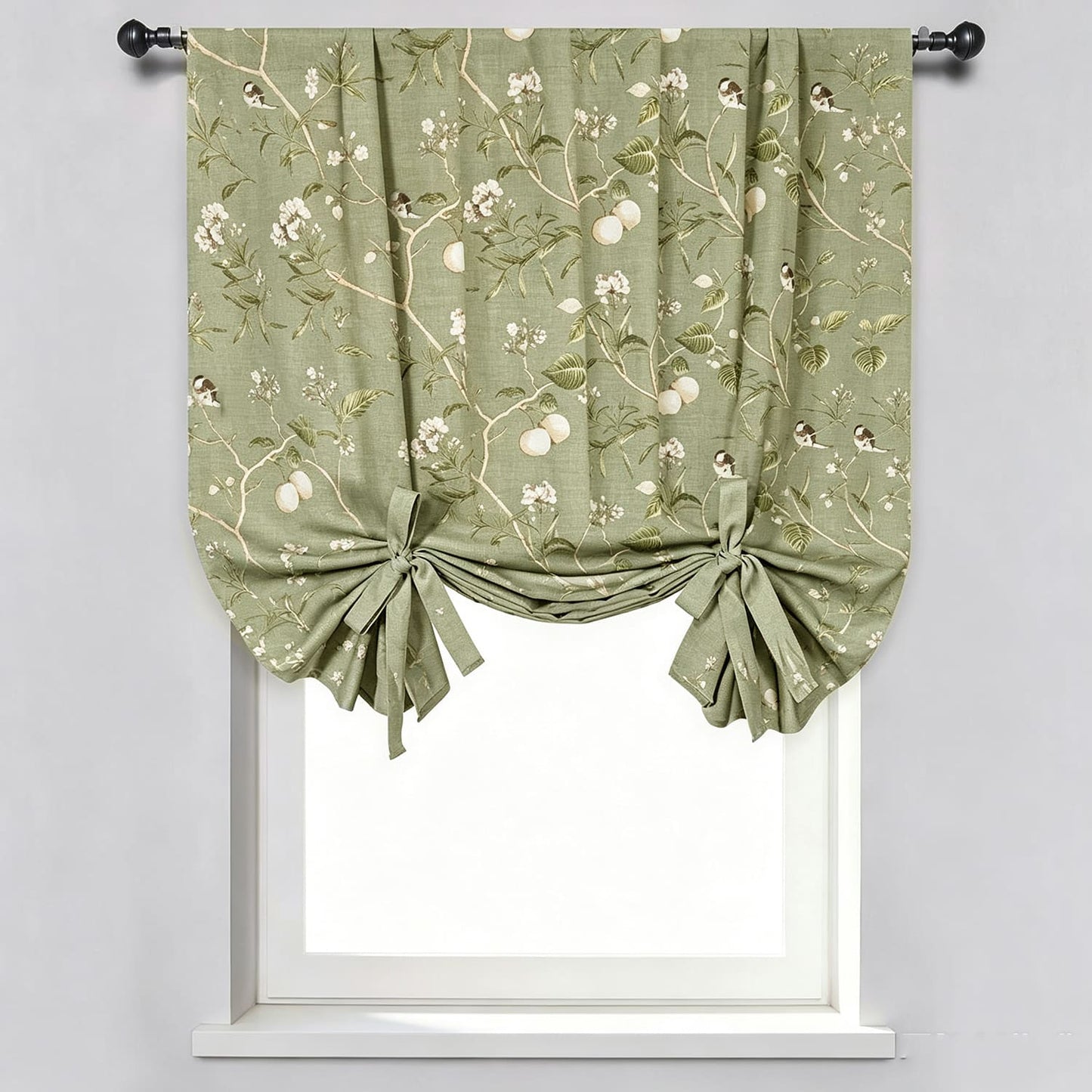 Classic Retro Kale Green Ballon Shade Curtains Birds Peach Country Drapes