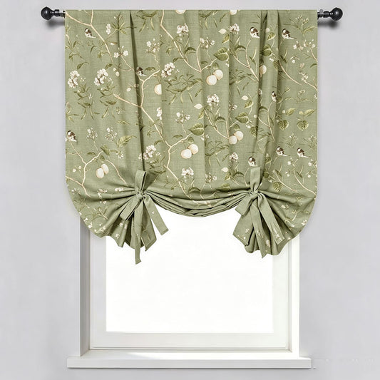 Classic Retro Kale Green Ballon Shade Curtains Birds Peach Country Drapes