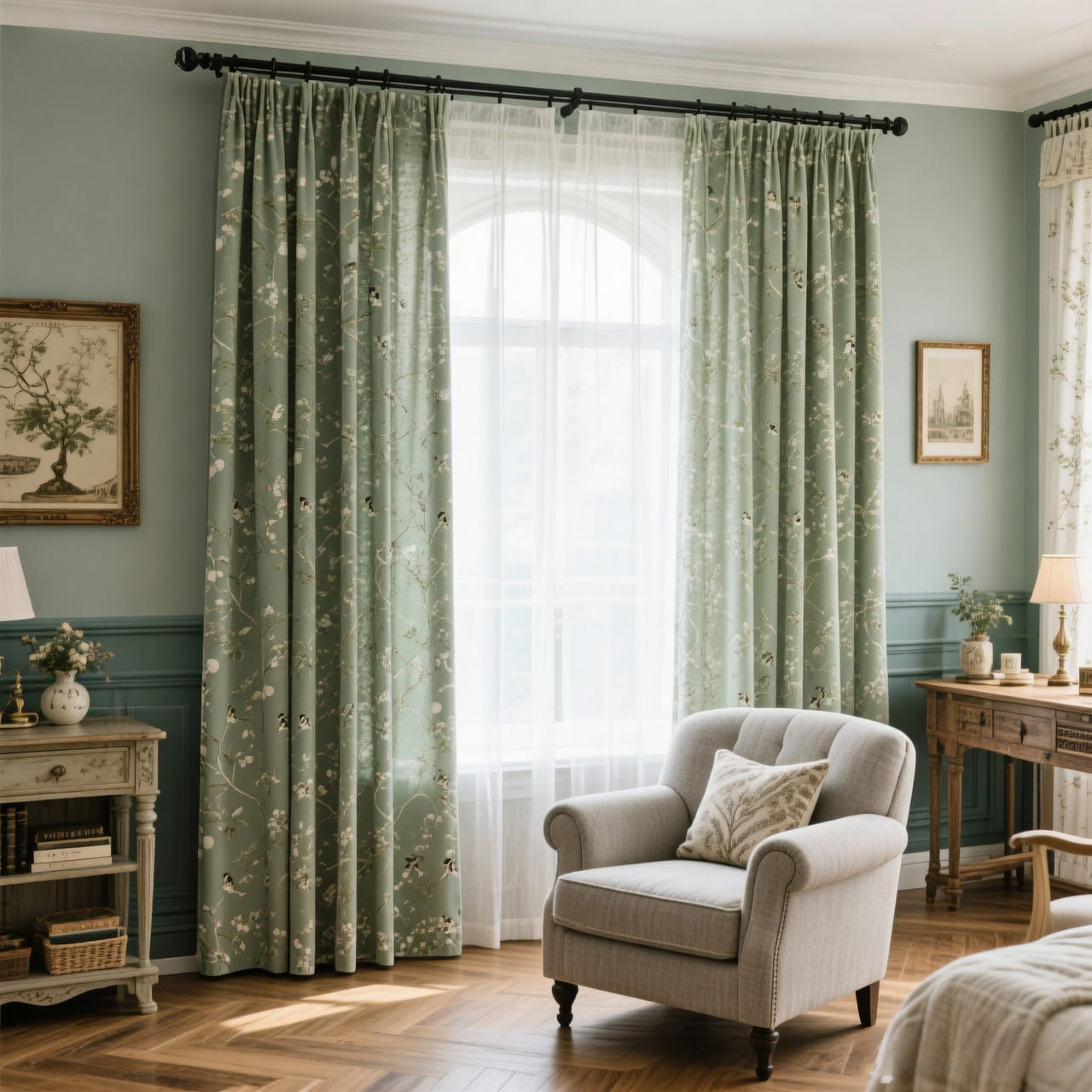 Classic Retro Kale Green Curtains Birds Peach Country Drapes