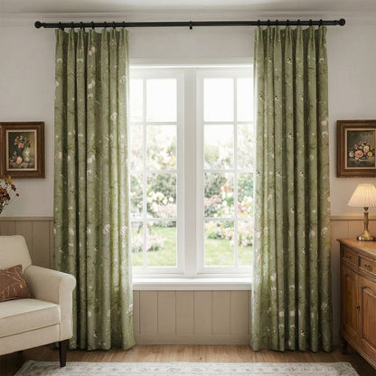 Classic Retro Kale Green Curtains Birds Peach Country Drapes