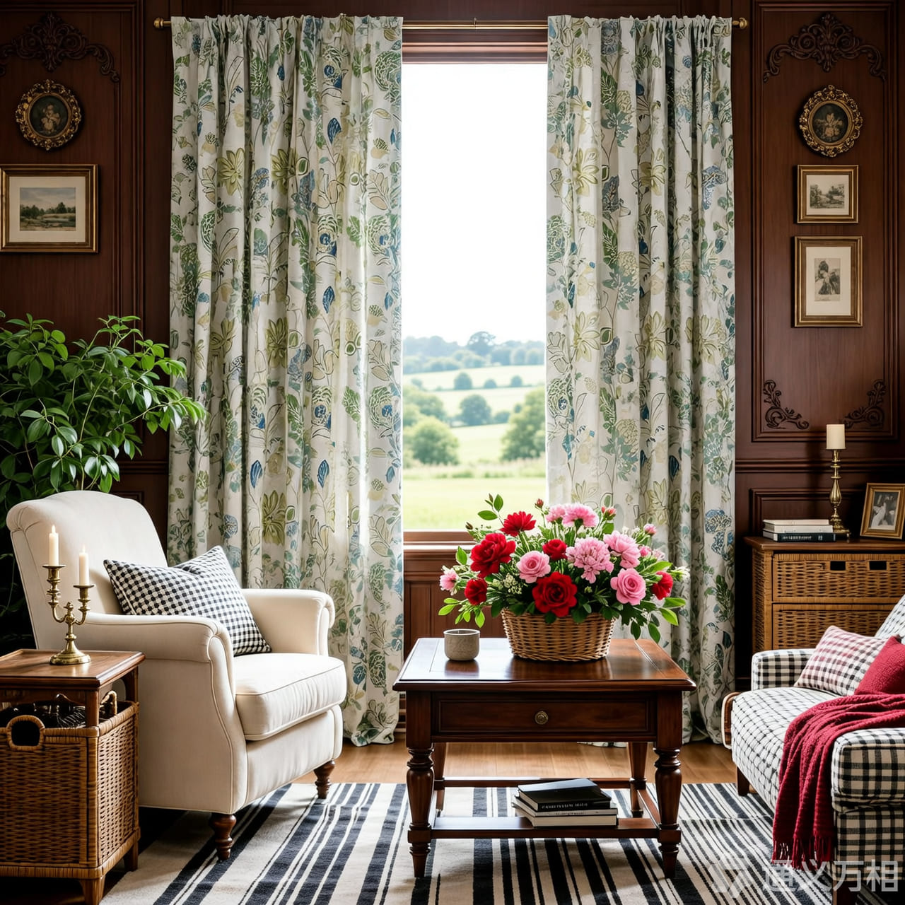 Contemporary Ivory-Base Soft Tone Green & Blue Lush Floral Modern Curtains