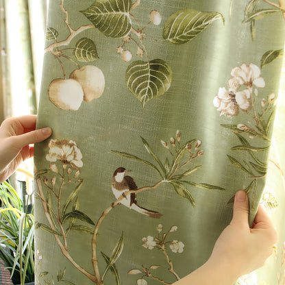 Classic Retro Kale Green Curtains Birds Peach Country Drapes
