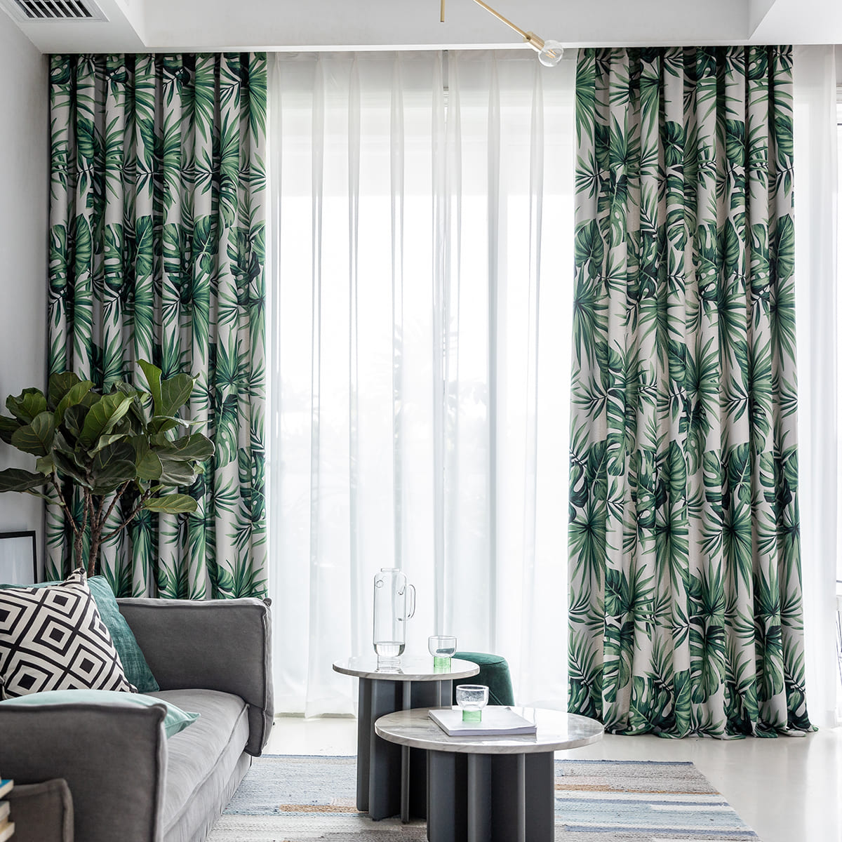 Green Leaf Curtains Blackout Jungle Pattern Drapes for Bedroom 2 Panels