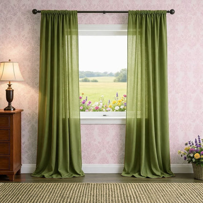 Green Linen Curtains and Drapes for Living Room Set of 2 Panels