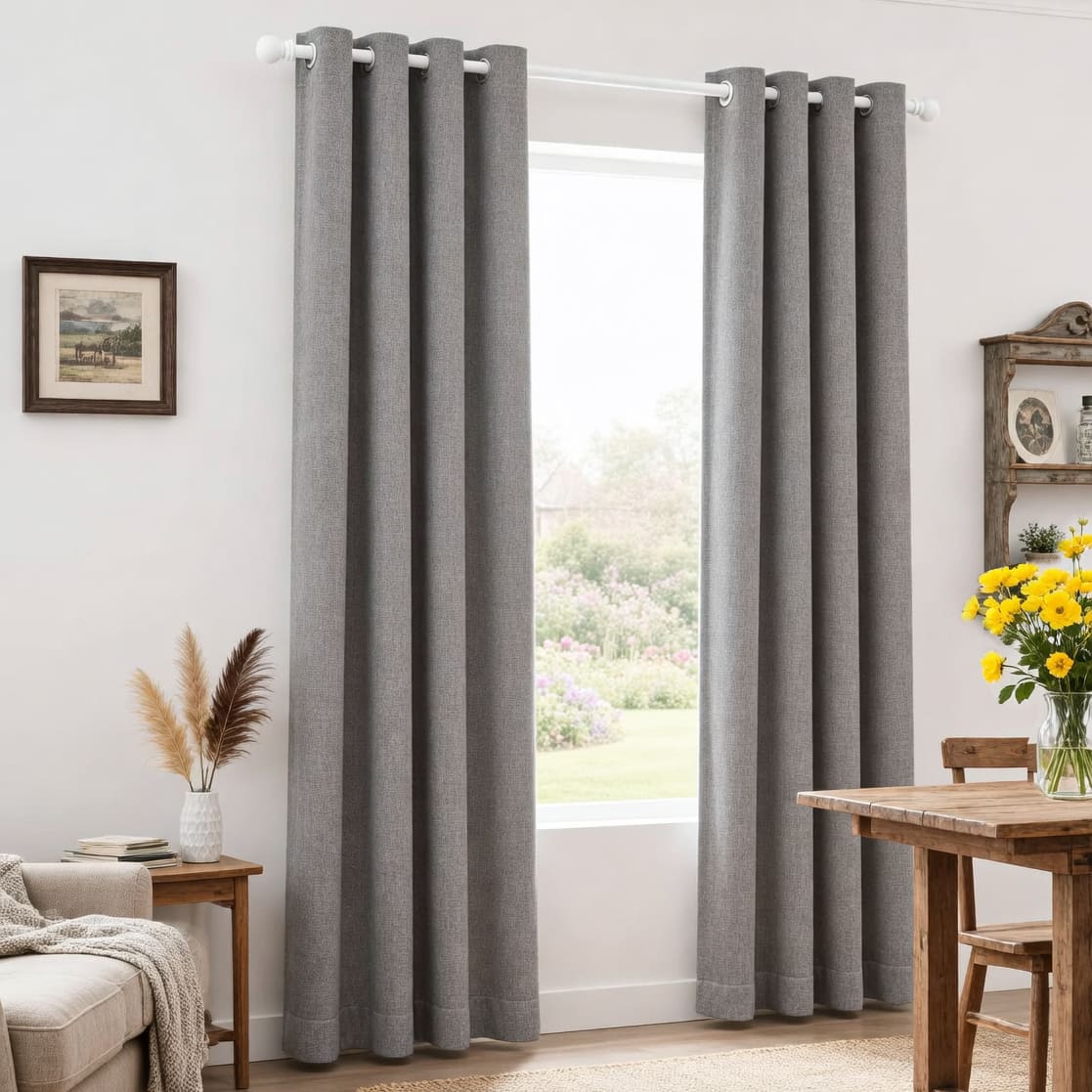Grey Cotton Linen Soft Curtains Gray Drapes for Bedroom 1 Set of 2 Panels