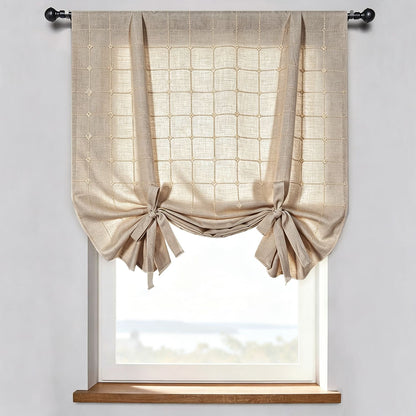 Rideaux en lin naturel brodés à carreaux, draperies à carreaux pour fenêtre de salon