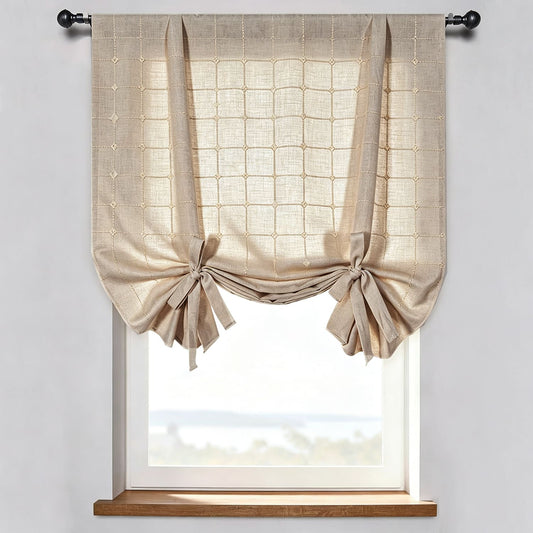 Plaid Embroidered Natural Linen Check Balloon Shade Curtains