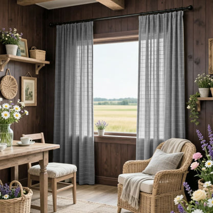 Plaid Embroidered Natural Linen Curtains Window Check Drapes for Living Room