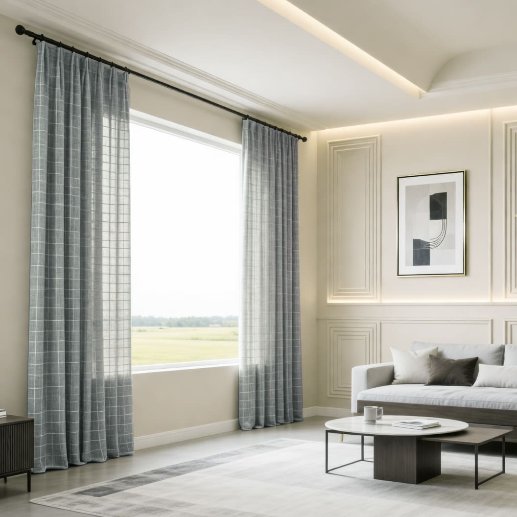 Plaid Embroidered Natural Linen Curtains Window Check Drapes for Living Room