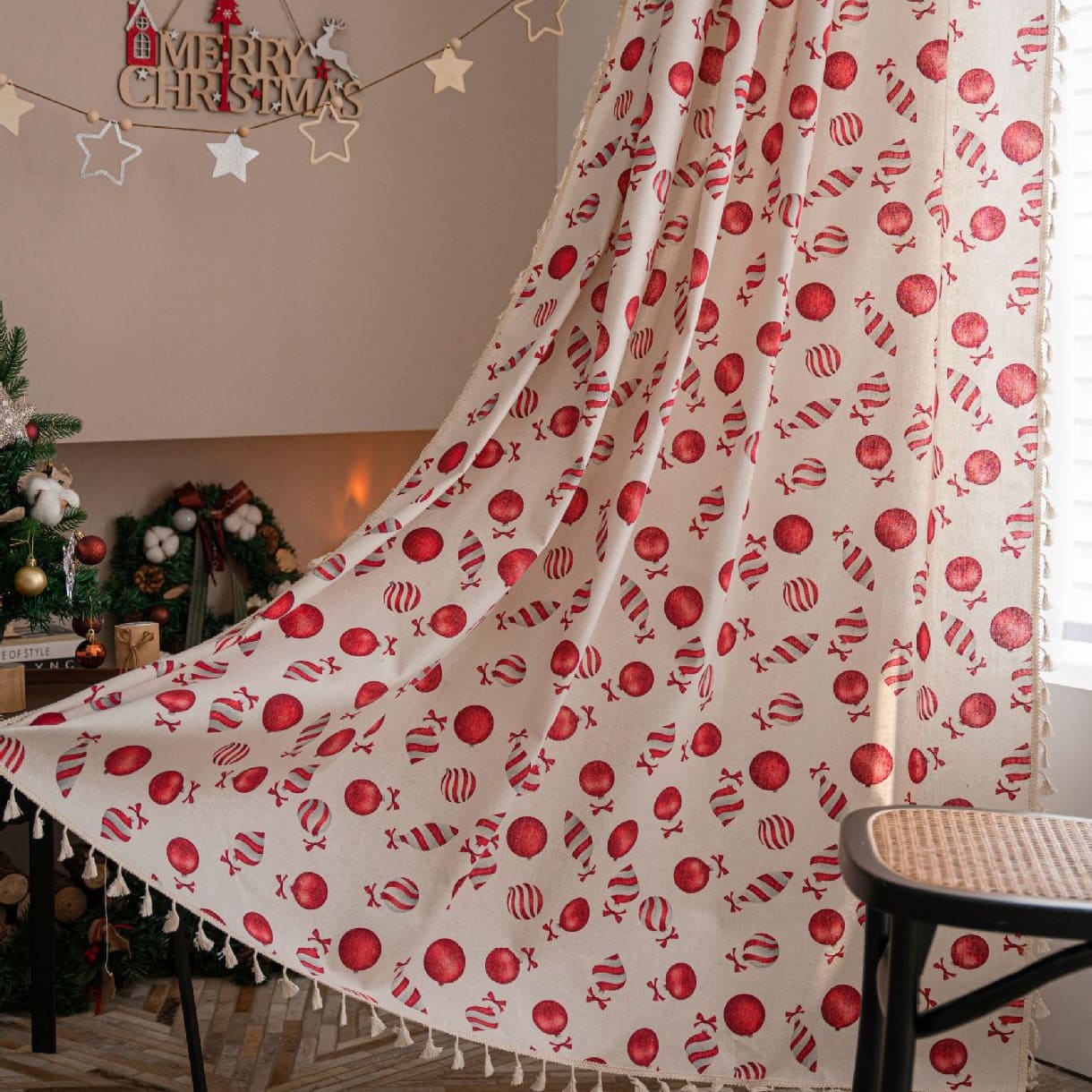 Rideaux de noël à motif de bonbons rouges, en lin naturel
