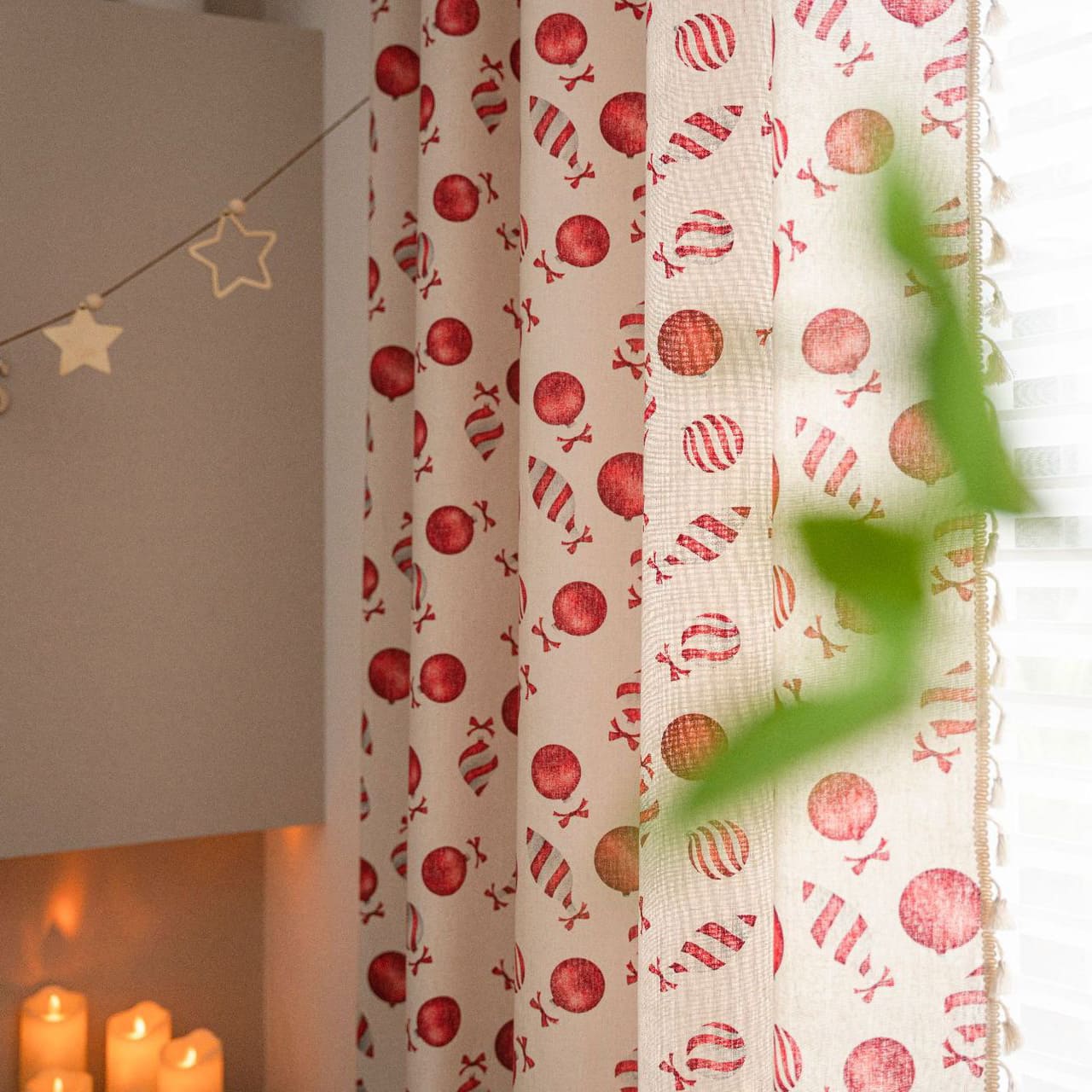 Rideaux de noël à motif de bonbons rouges, en lin naturel
