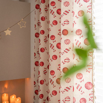 Rideaux de noël à motif de bonbons rouges, en lin naturel
