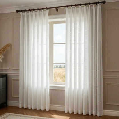 Ivory White Horizontal Striped Voile Balloon Shade Sheer Curtains