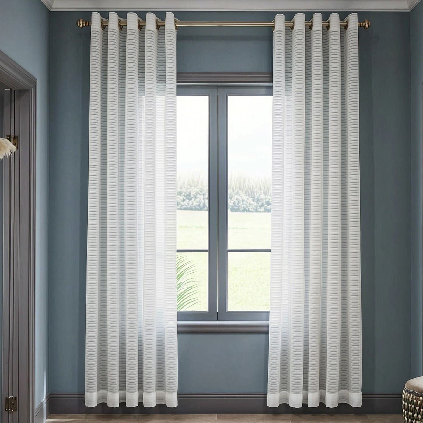 Ivory White Horizontal Striped Voile Balloon Shade Sheer Curtains