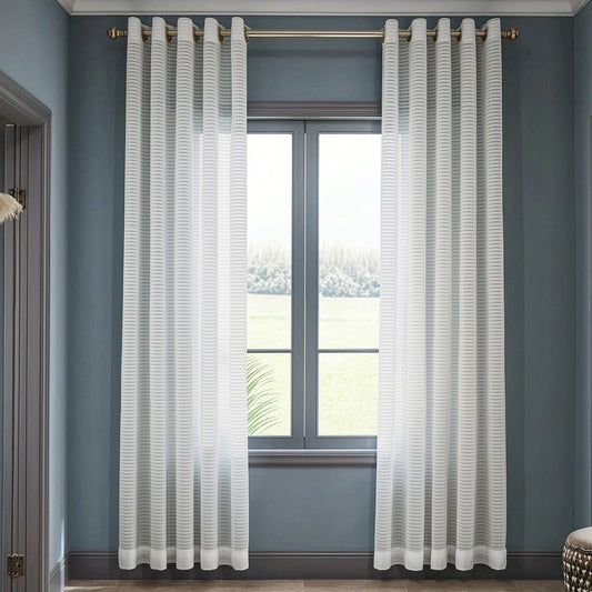 Ivory White Horizontal Striped Voile Balloon Shade Sheer Curtains