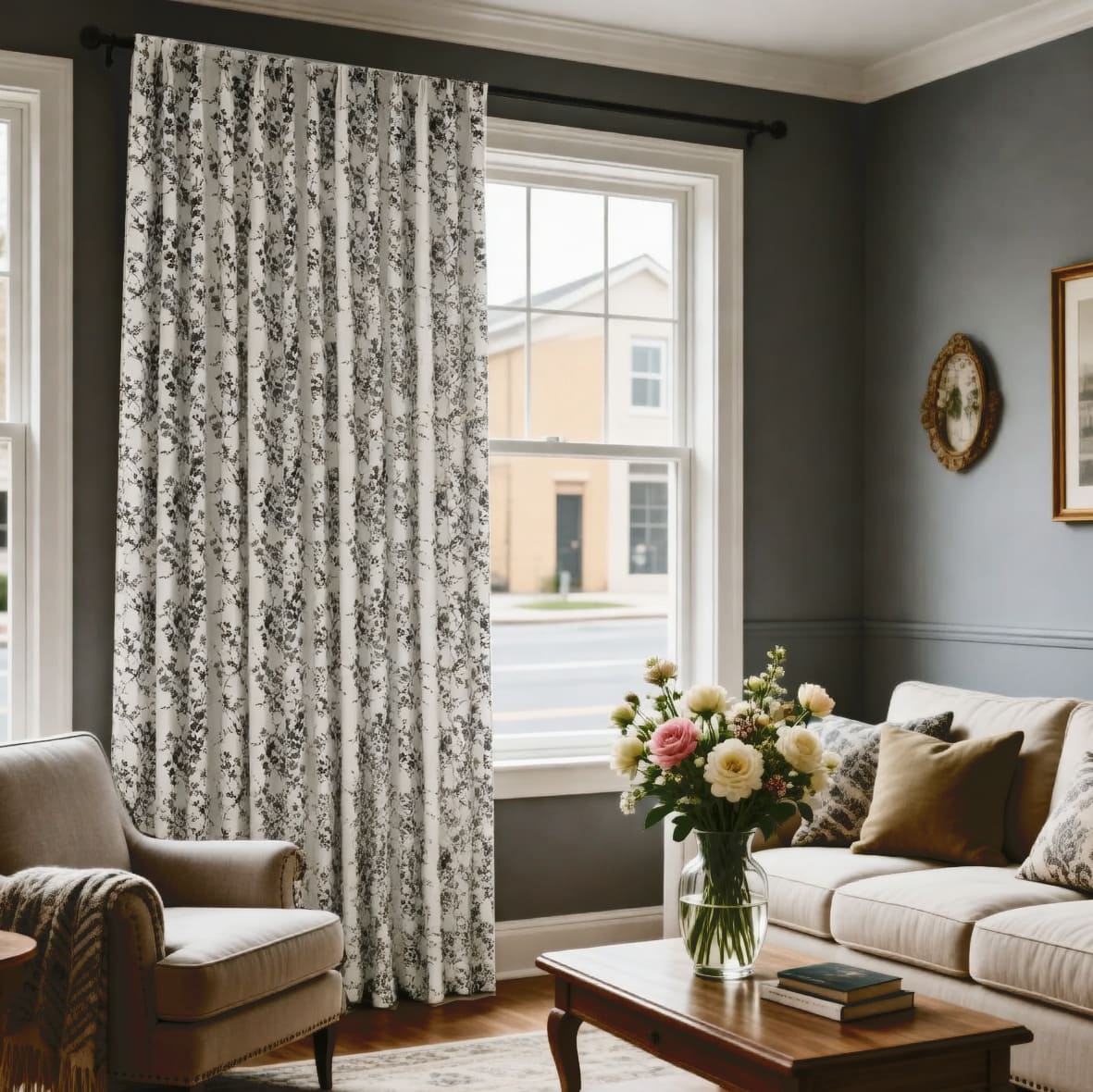 Modern Black Silhouette Floral Vine Chenille Jacquard Curtains Drapes