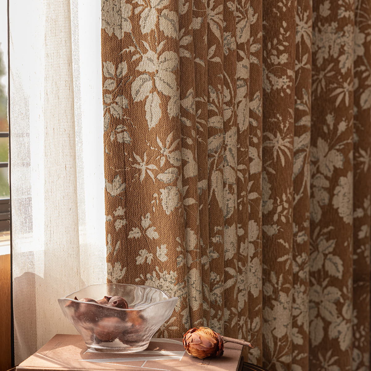 Warm Vintage Earthy Brown Floral Botanical Retro Chenille Curtains