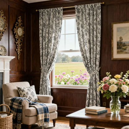 Modern Black Silhouette Floral Vine Chenille Jacquard Curtains Drapes