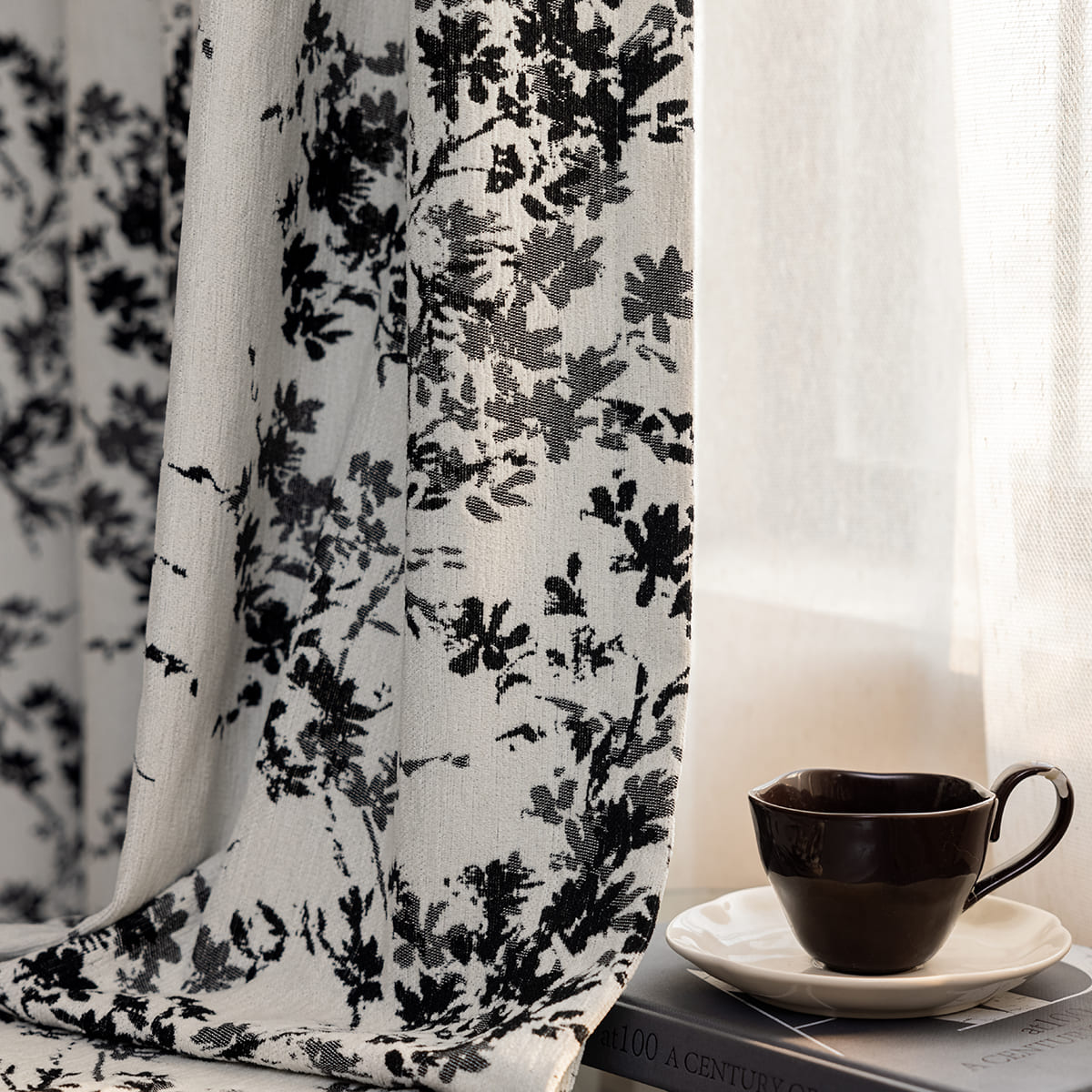 Modern Black Silhouette Floral Vine Chenille Jacquard Curtains Drapes