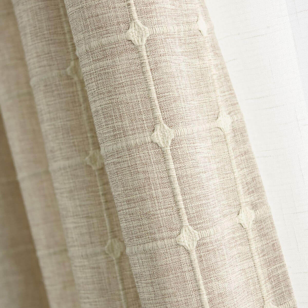 Khaki plaid embroidered linen blackout curtains for bedroom custom drapes