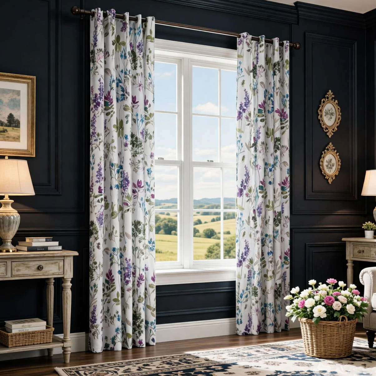 Rideaux à feuilles bleu/violet/vert, rideaux occultants au romarin et au thym