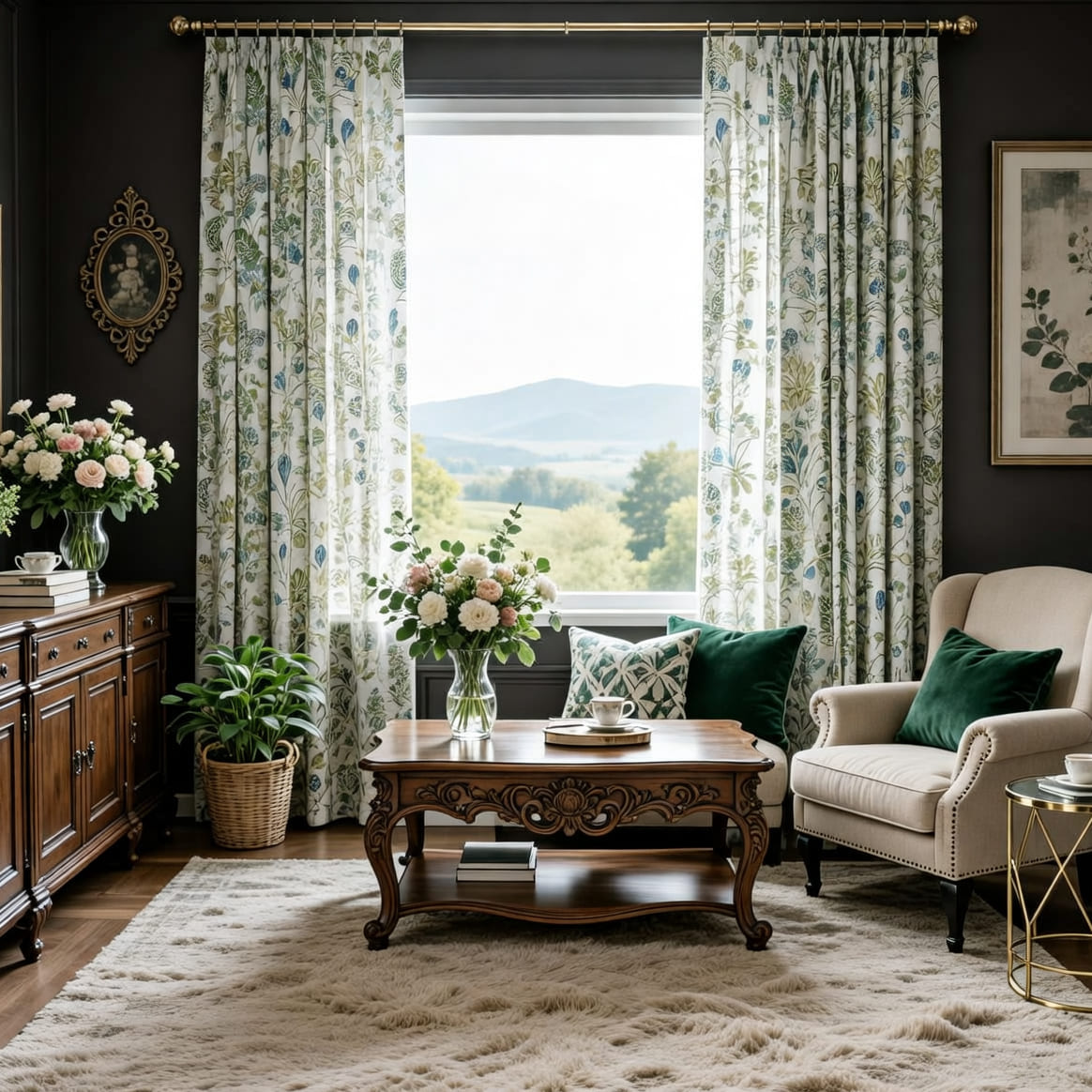 Contemporary Ivory-Base Soft Tone Green & Blue Lush Floral Modern Curtains