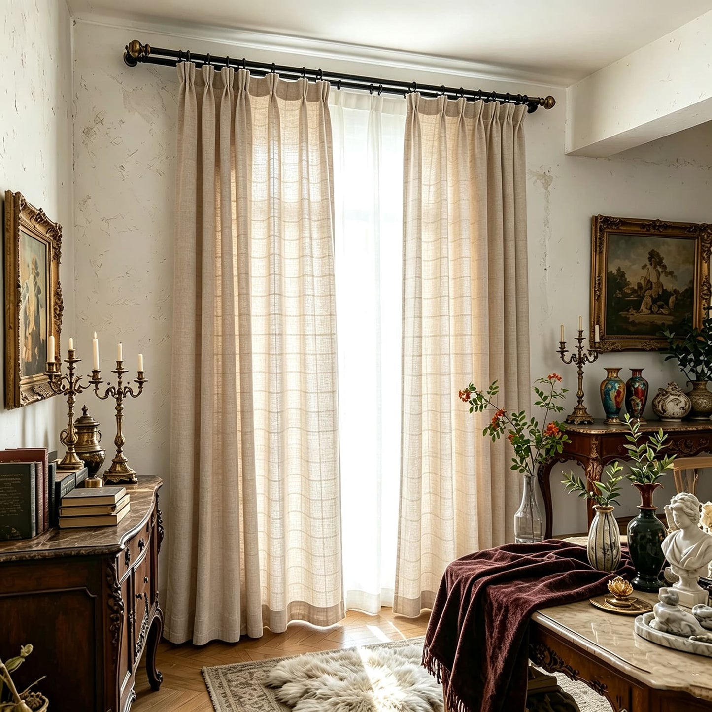 Plaid Embroidered Natural Linen Curtains Window Check Drapes for Living Room