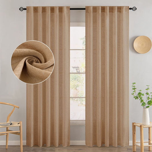 Semi Sheer Curtains Natural Linen Window Drapes For Bedroom/Living Room