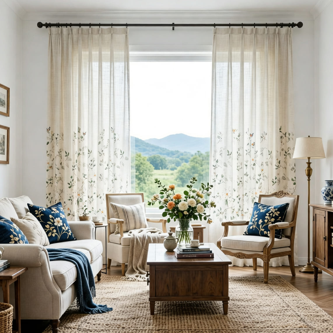 Cream Linen Blend Watercolor White Camellias & Colorful Bird Sheer Curtains