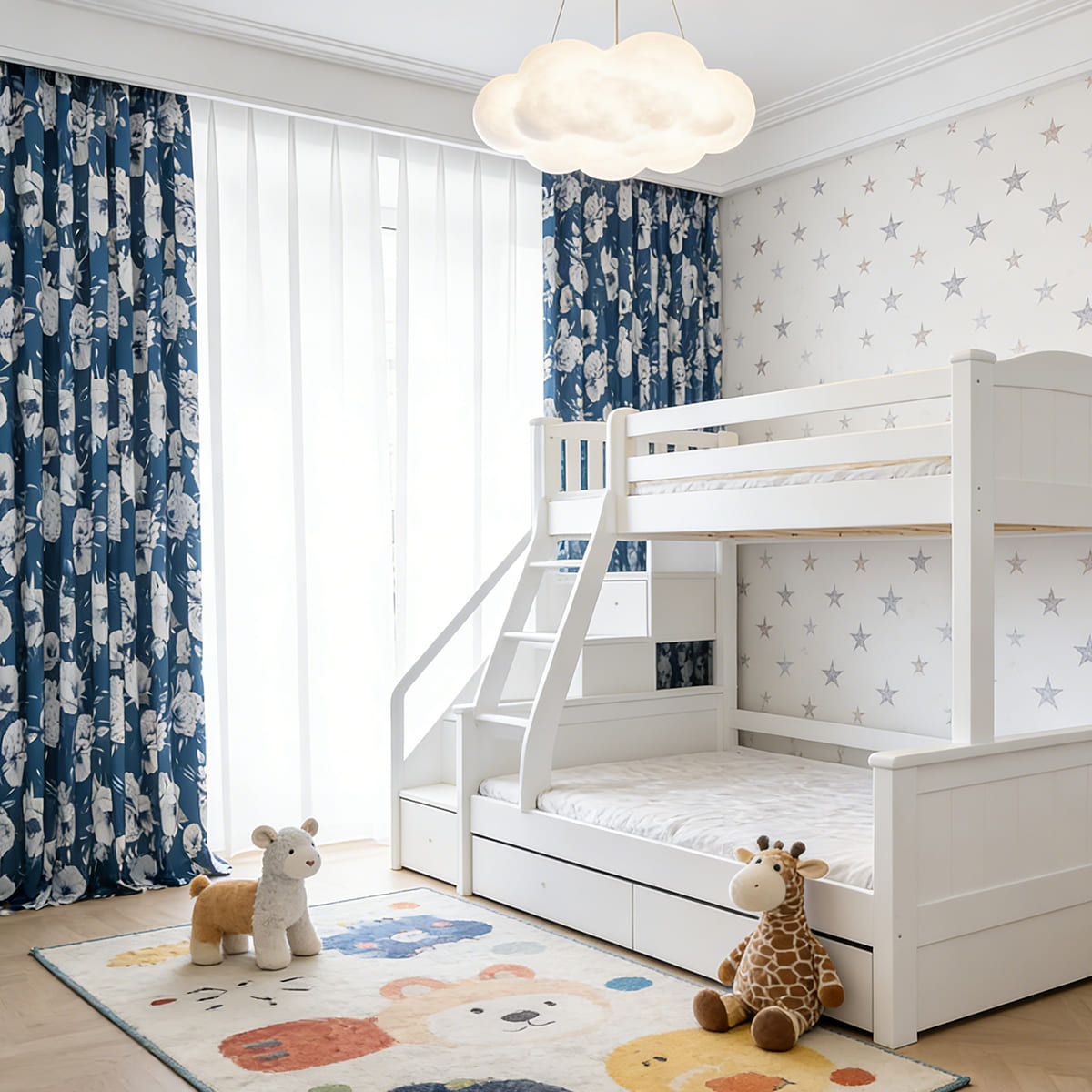 White Peony Navy Blue Curtains Floor-Length Drapes