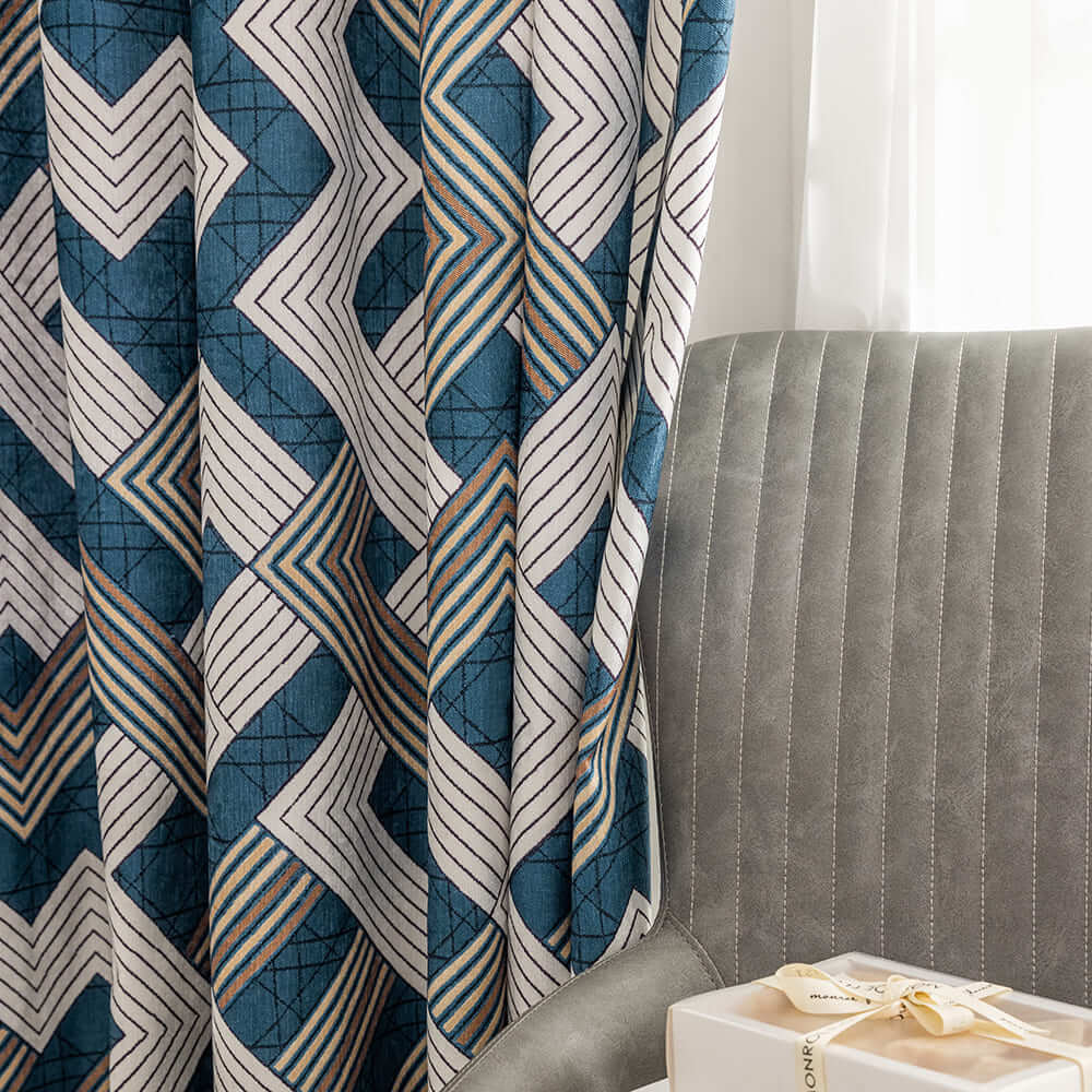 modern blue geometric window soundproof curtains for sliding glass doors