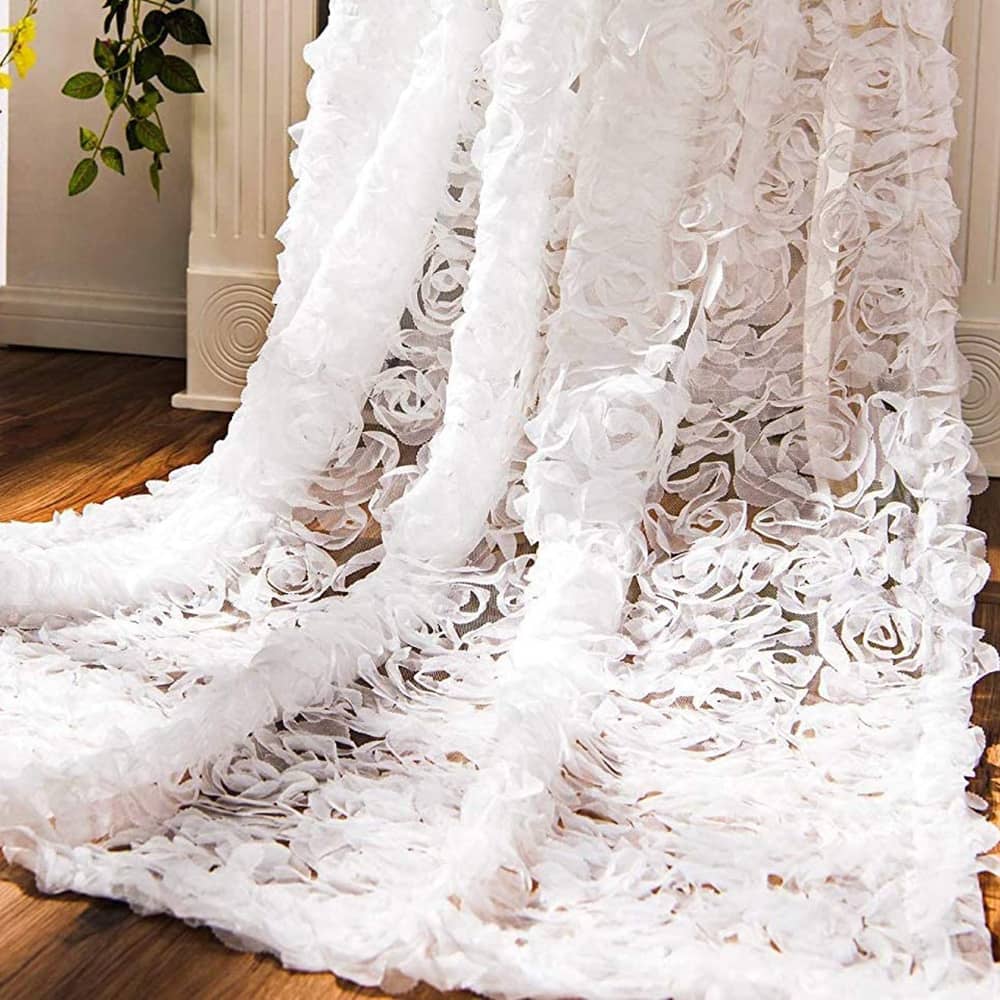 3D Full Roses White Sheer Curtains Romantic Translucidus Tulle
