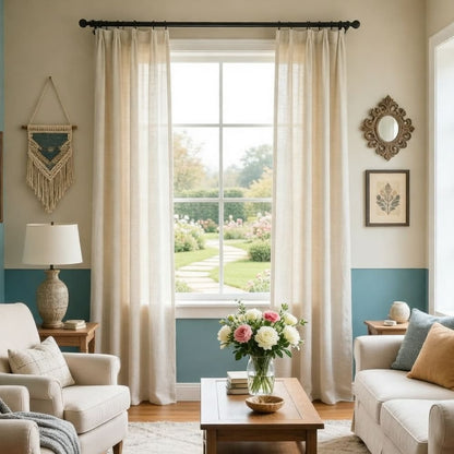 Beige Natural Linen Curtains Drapes for Living Room 2 Panels