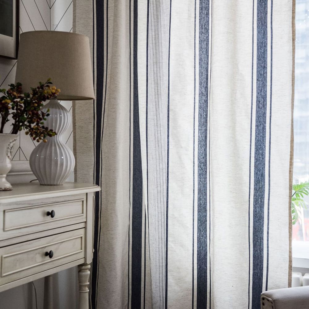 Blue Stripe Curtains Natrual Linen Drapes