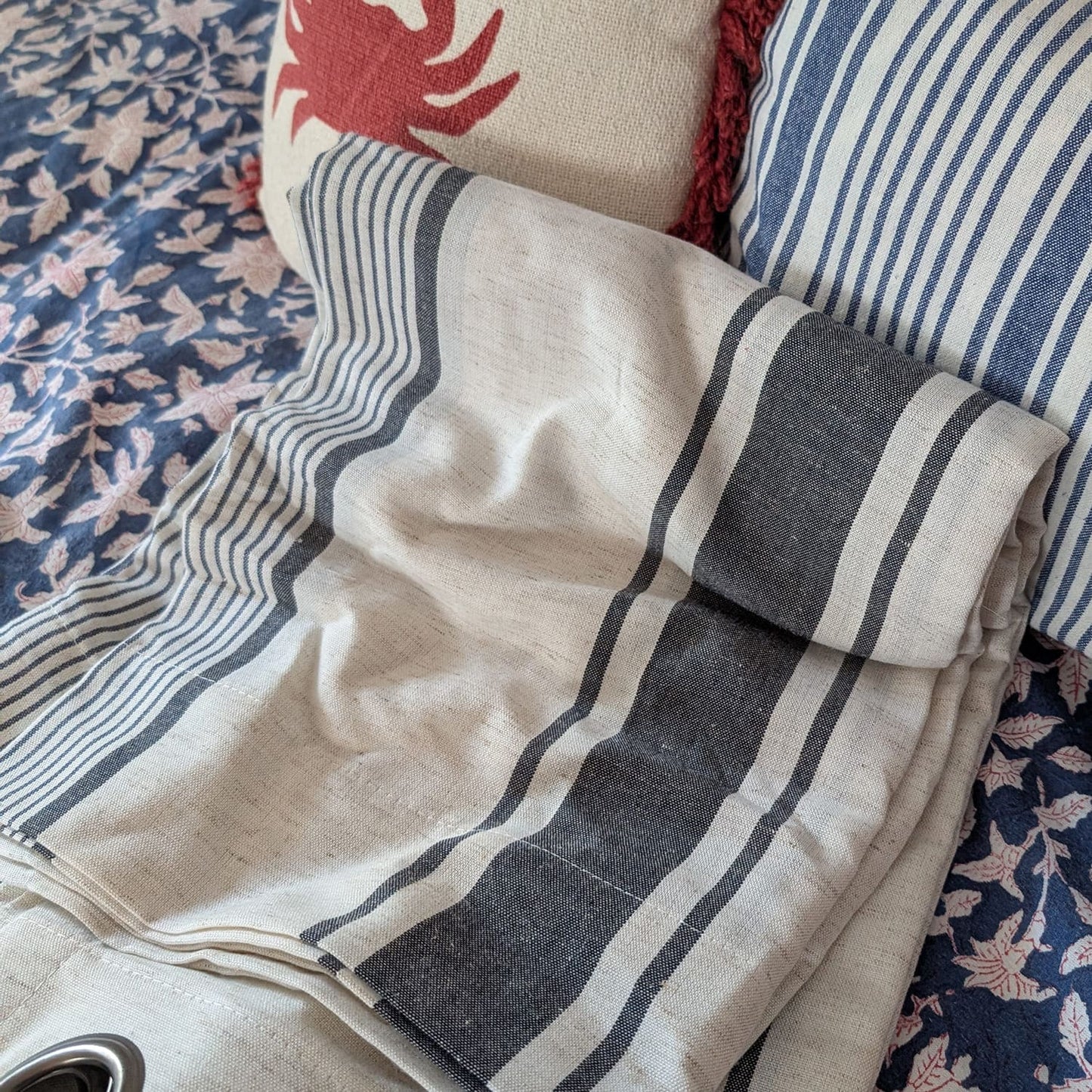 Navy Blue Stripe Curtains Natrual Linen Drapes