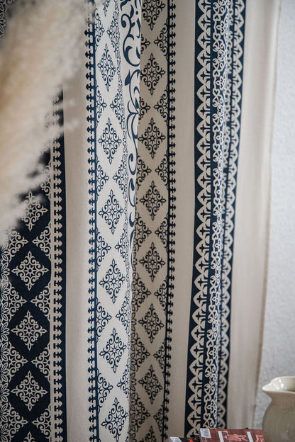 Geometric Navy Blue Printed Cotton Linen Balloon Shade Curtains