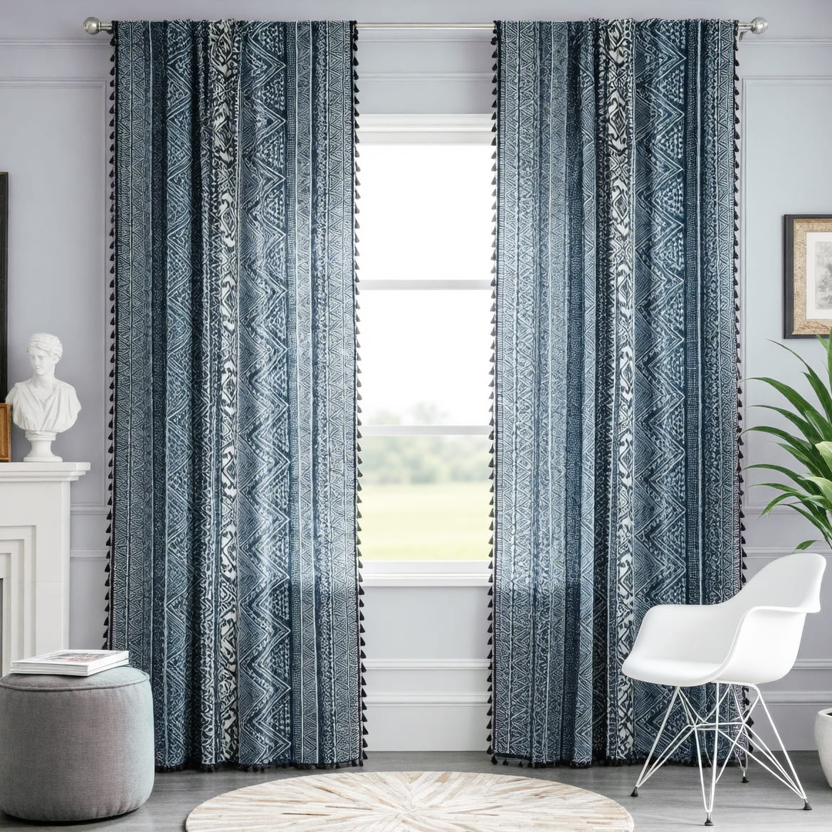 Elegant Bohemian Blue Geometric Pattern Curtain Drapes with Tassels