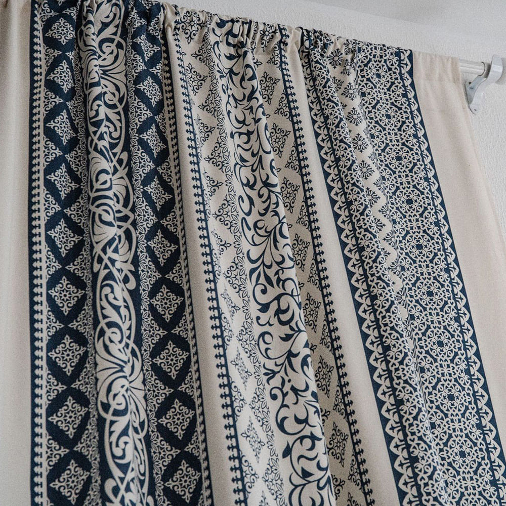 Geometric Navy Blue Printed Cotton Linen Balloon Shade Curtains