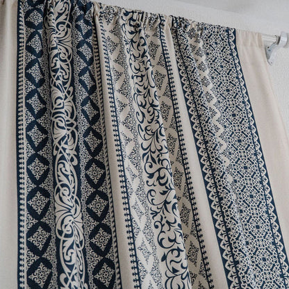 Geometric Navy Blue Printed Cotton Linen Balloon Shade Curtains