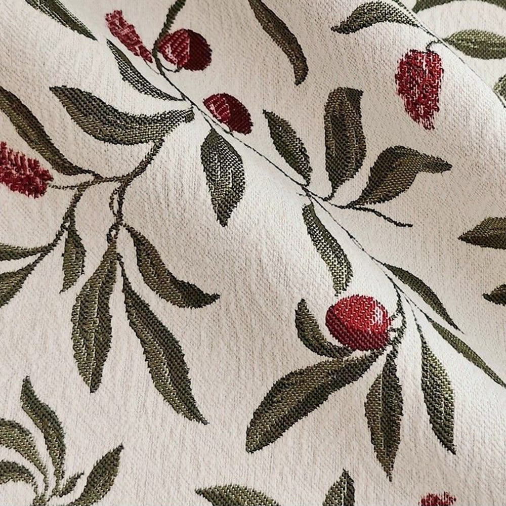 Olive Green Leaf & Red Berry Cream Base Curtains