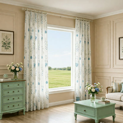 Blue Orchid Grass White Curtains Living Room Drapes 2 Panels