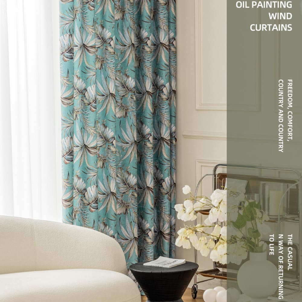 Blue Banana Leaves Curtains Print Bedroom Drapes 1 Set of 2 Panels
