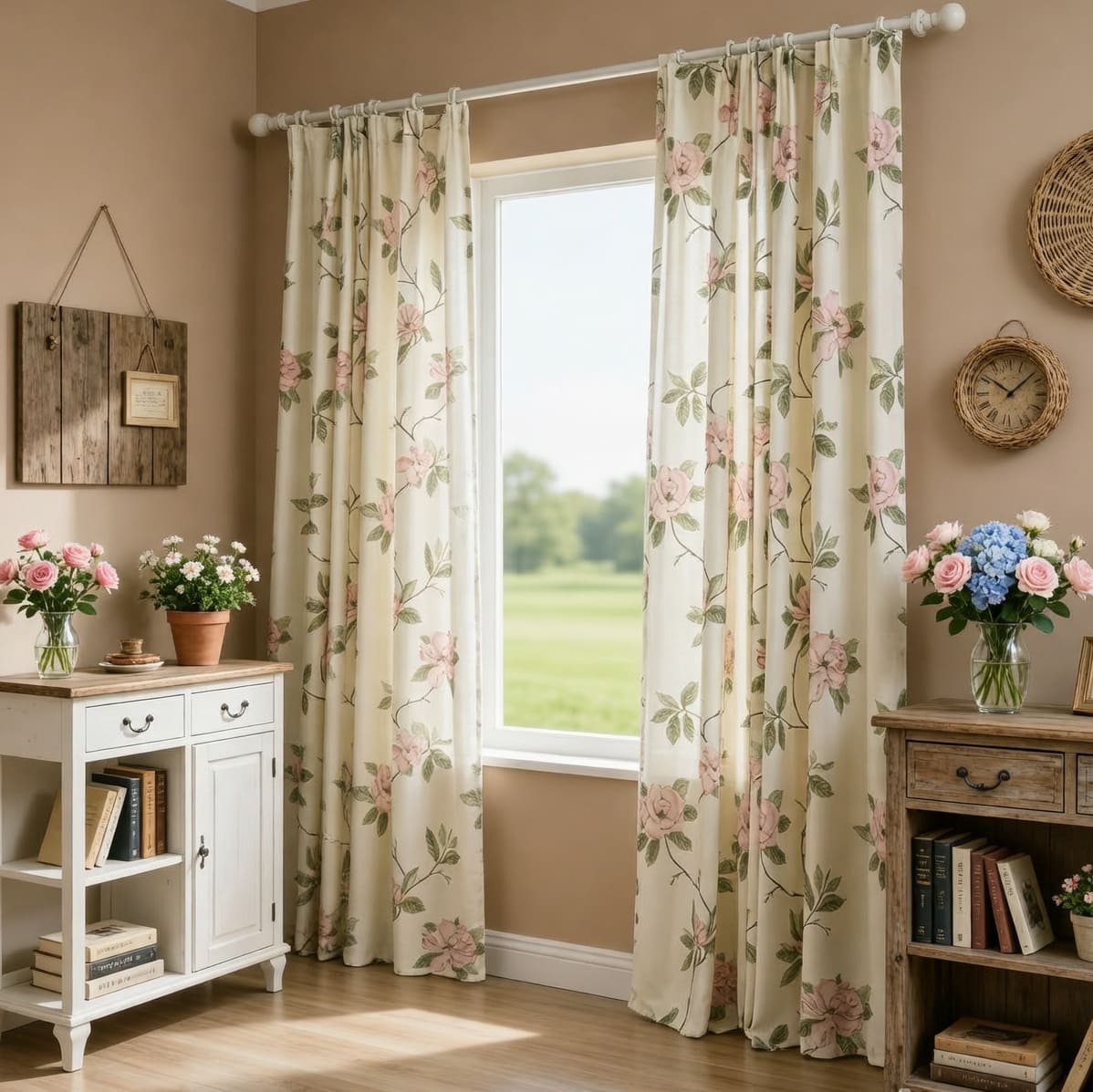Pink Peach-Bloom Beige Curtains for Bedroom/Living Room 2 Panels Drapes