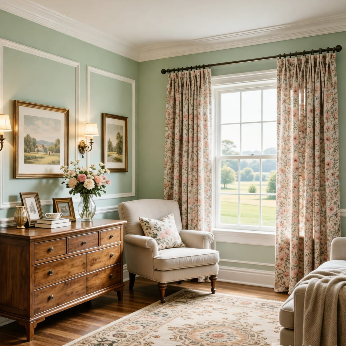 Vintage Country Beige Pink Daisy Floral Curtains