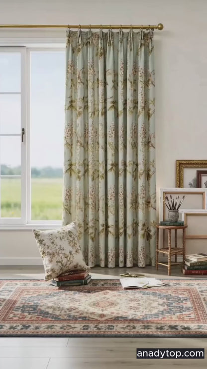 Misty Green Cottage Chestnut Floral Curtains
