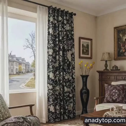 Blackout Retro American Design Chenille Jacquard Black Curtains White Floral