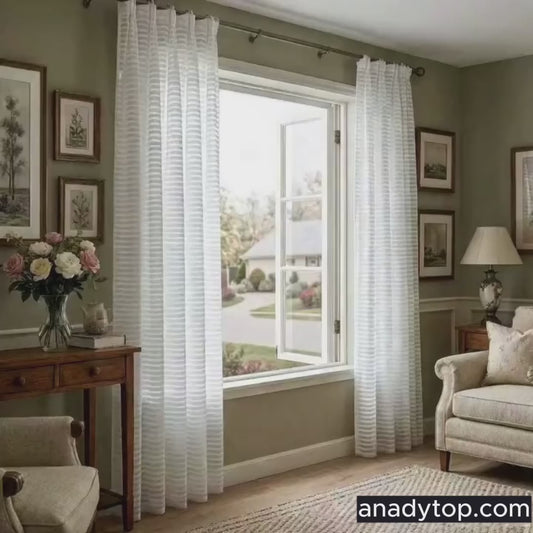 Ivory White Horizontal Striped Voile Pinch Pleat Sheer Curtains